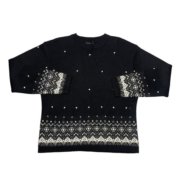 Vintage Meister Knit Crewneck Sweater Wool Blend Fair Isle Black Cream Large - Picture 1 of 6